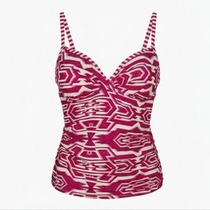 Skye Swimwear Ruched Tankini Top Pink White Geometric Print XL
